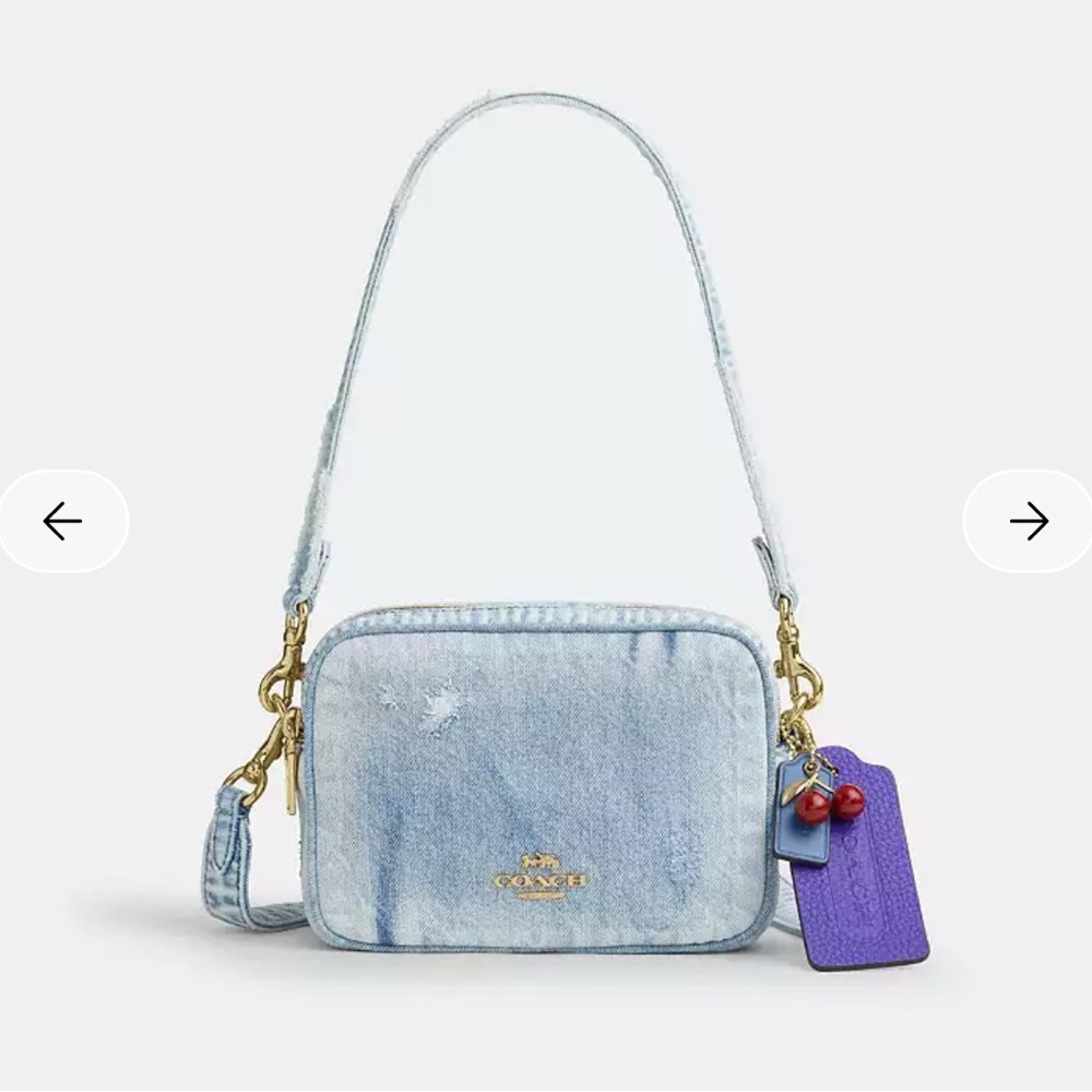 NWT🍒Coach Mini Carey Crossbody Bag In Loved Denim With Cherry Charms CEK75 Rare - Picture 5 of 8